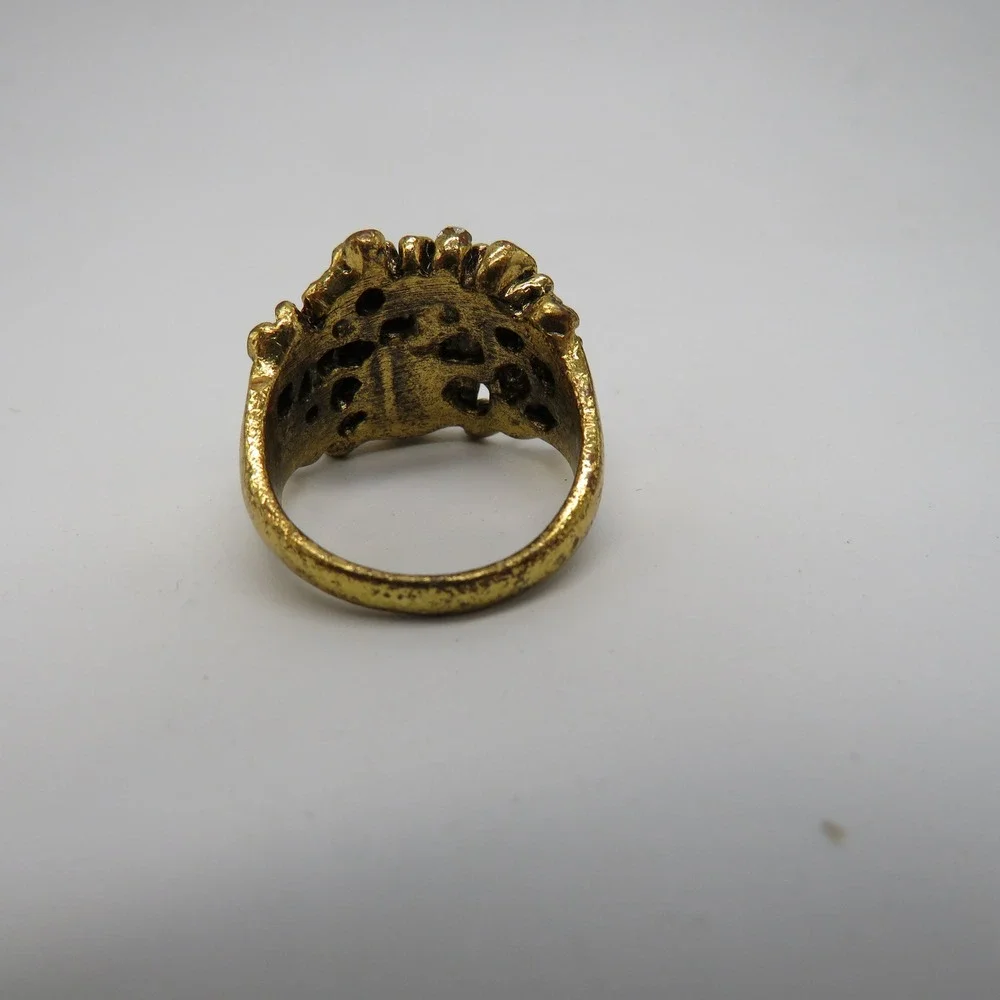 Vintage Gold Tone Rose Floral Cocktail Ring Amber Stone Rhinestone Size 9